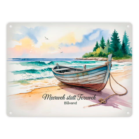 Meerweh statt Fernweh Blåvand Metallschild in 15x20 cm mit Holzboot