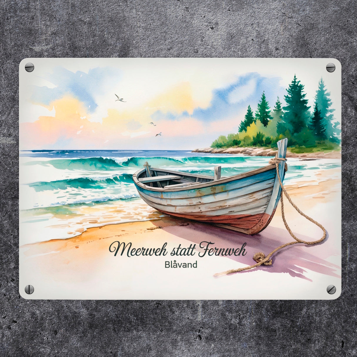 Meerweh statt Fernweh Blåvand Metallschild in 15x20 cm mit Holzboot
