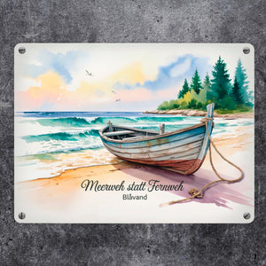 Meerweh statt Fernweh Blåvand Metallschild in 15x20 cm mit Holzboot