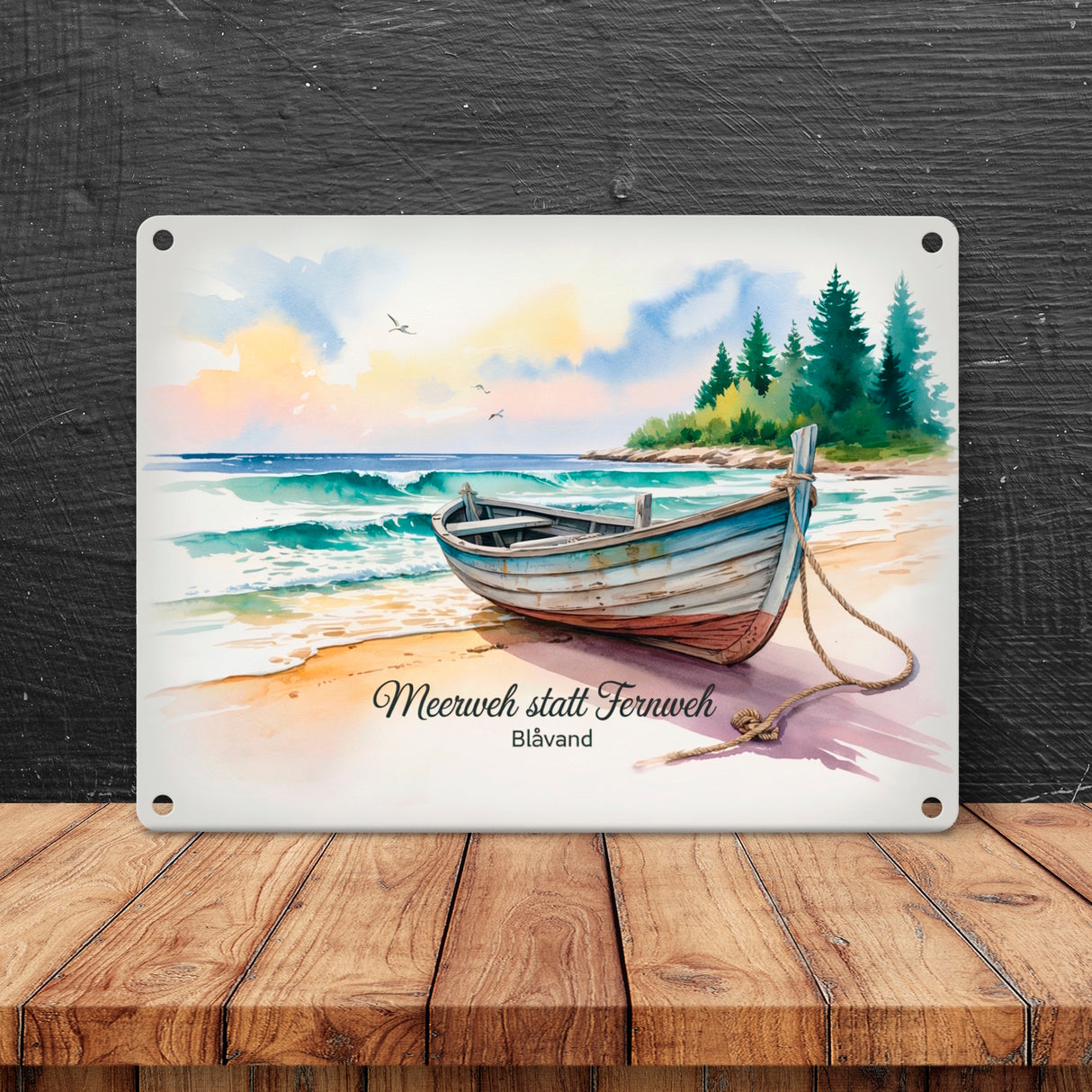Meerweh statt Fernweh Blåvand Metallschild in 15x20 cm mit Holzboot