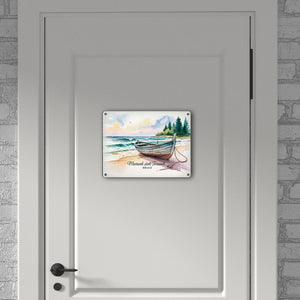 Meerweh statt Fernweh Blåvand Metallschild in 15x20 cm mit Holzboot