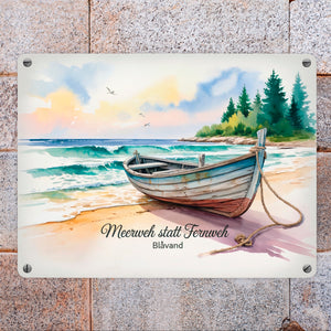 Meerweh statt Fernweh Blåvand Metallschild in 15x20 cm mit Holzboot