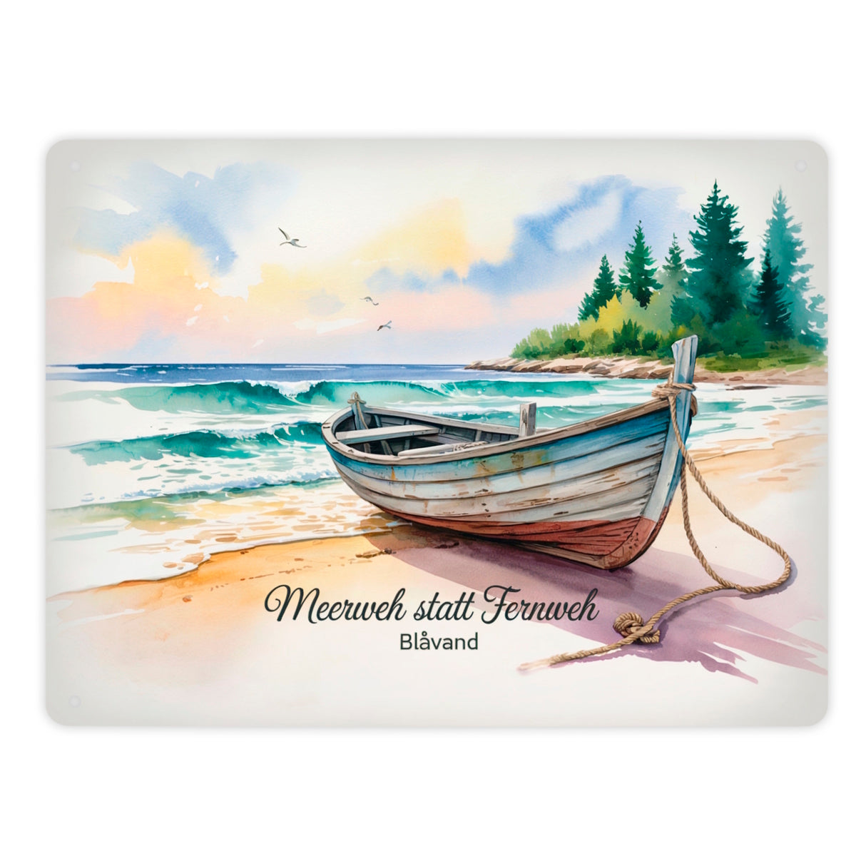 Meerweh statt Fernweh Blåvand Metallschild in 15x20 cm mit Holzboot