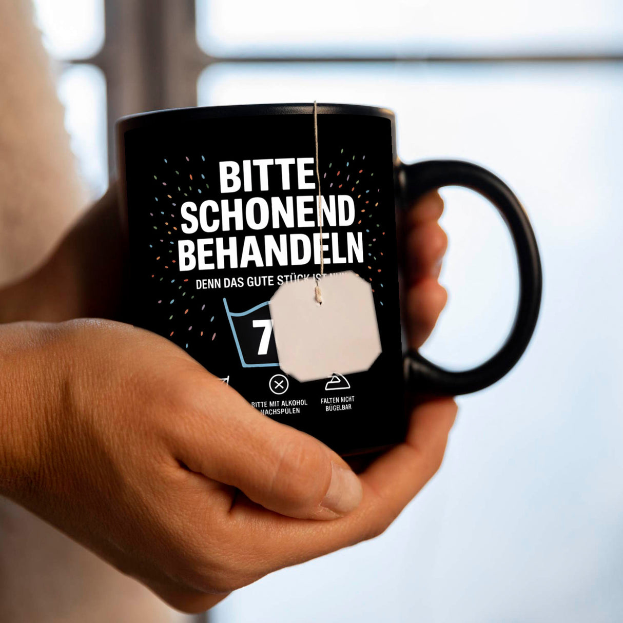 Wäschepflegeetikett Kaffeebecher bitte schonend behandeln wird 70