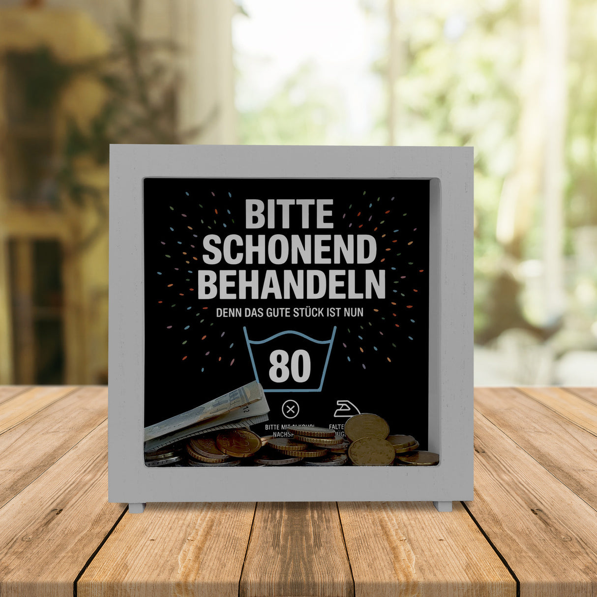 Wäschepflegeetikett Spardose bitte schonend behandeln wird 80