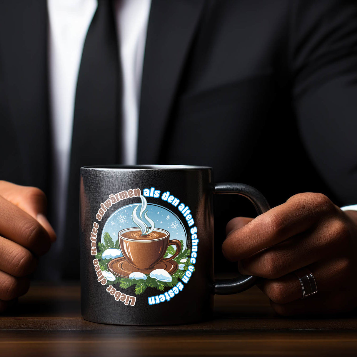 dampfende KaffeeTasse Tasse mit Spruch: Einen Kaffee aufwärmen statt Schnee