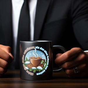 dampfende KaffeeTasse Tasse mit Spruch: Einen Kaffee aufwärmen statt Schnee