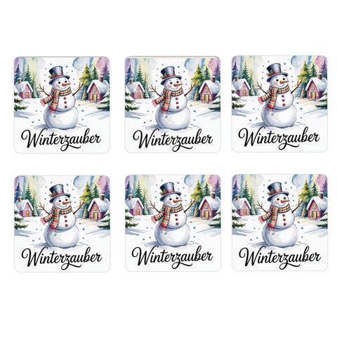 Weihnachten Schneemann 6er Set Untersetzer aus Holz - Winterzauber