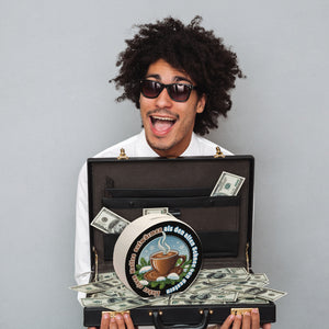 dampfende Kaffeetasse Spardose mit Spruch: Kaffee aufwärmen, statt Schnee gestern