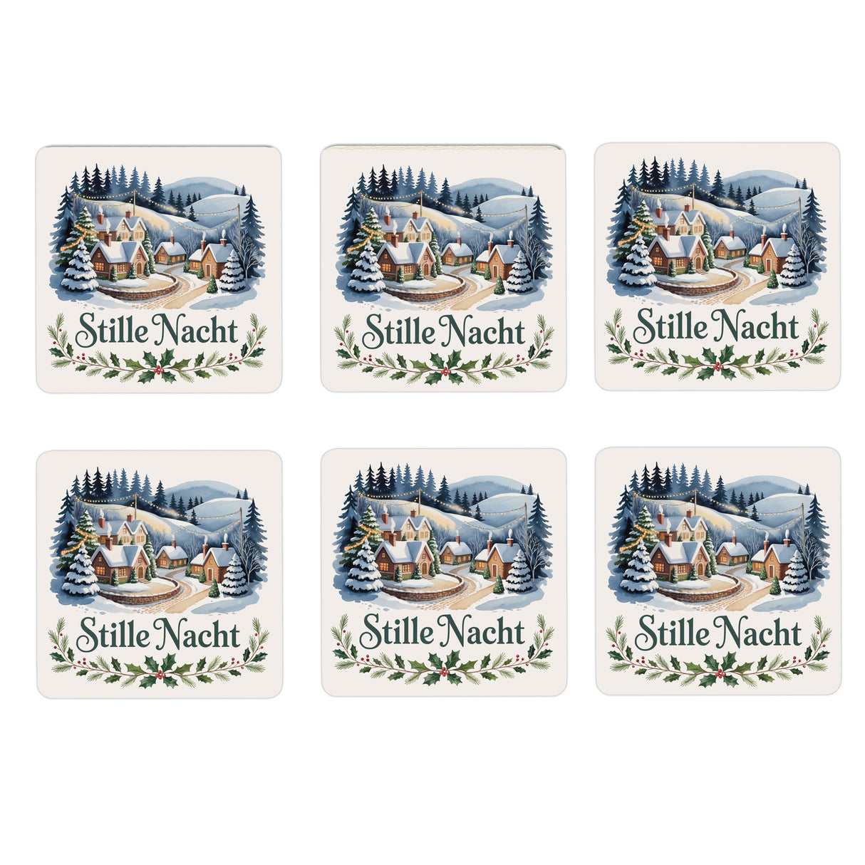 Weihnachten Winterdorf 6er Set Untersetzer aus Holz - Stille Nacht