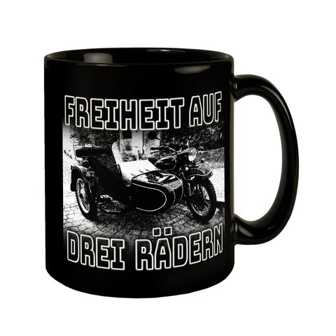 Oldtimermotorrad mit Beiwagen Tasse mit Spruch: Freiheit auf drei Rädern