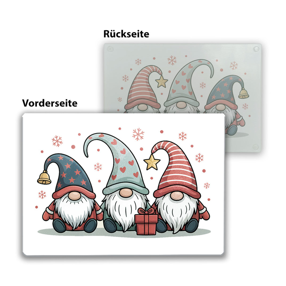 Weihnachtswichtel mit Geschenk Schneidebrett aus Glas Weihnachten