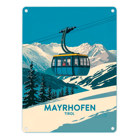Mayrhofen Tirol Metallschild in 15x20 cm mit blau-gelber Seilbahn