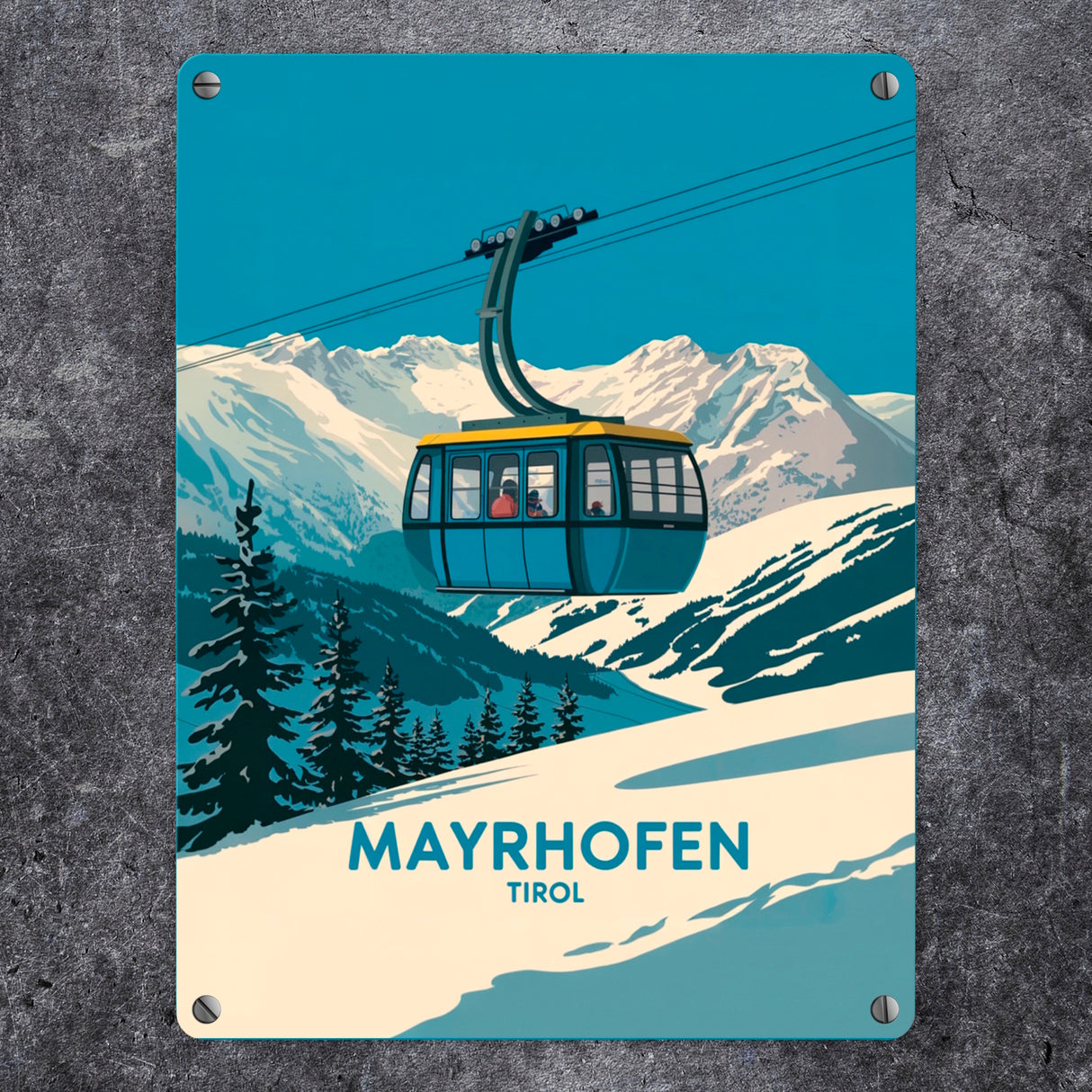 Mayrhofen Tirol Metallschild in 15x20 cm mit blau-gelber Seilbahn