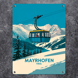 Mayrhofen Tirol Metallschild in 15x20 cm mit blau-gelber Seilbahn