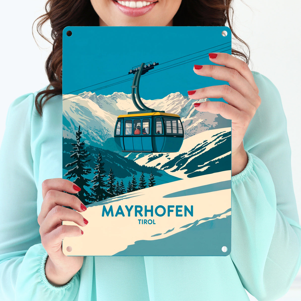 Mayrhofen Tirol Metallschild in 15x20 cm mit blau-gelber Seilbahn
