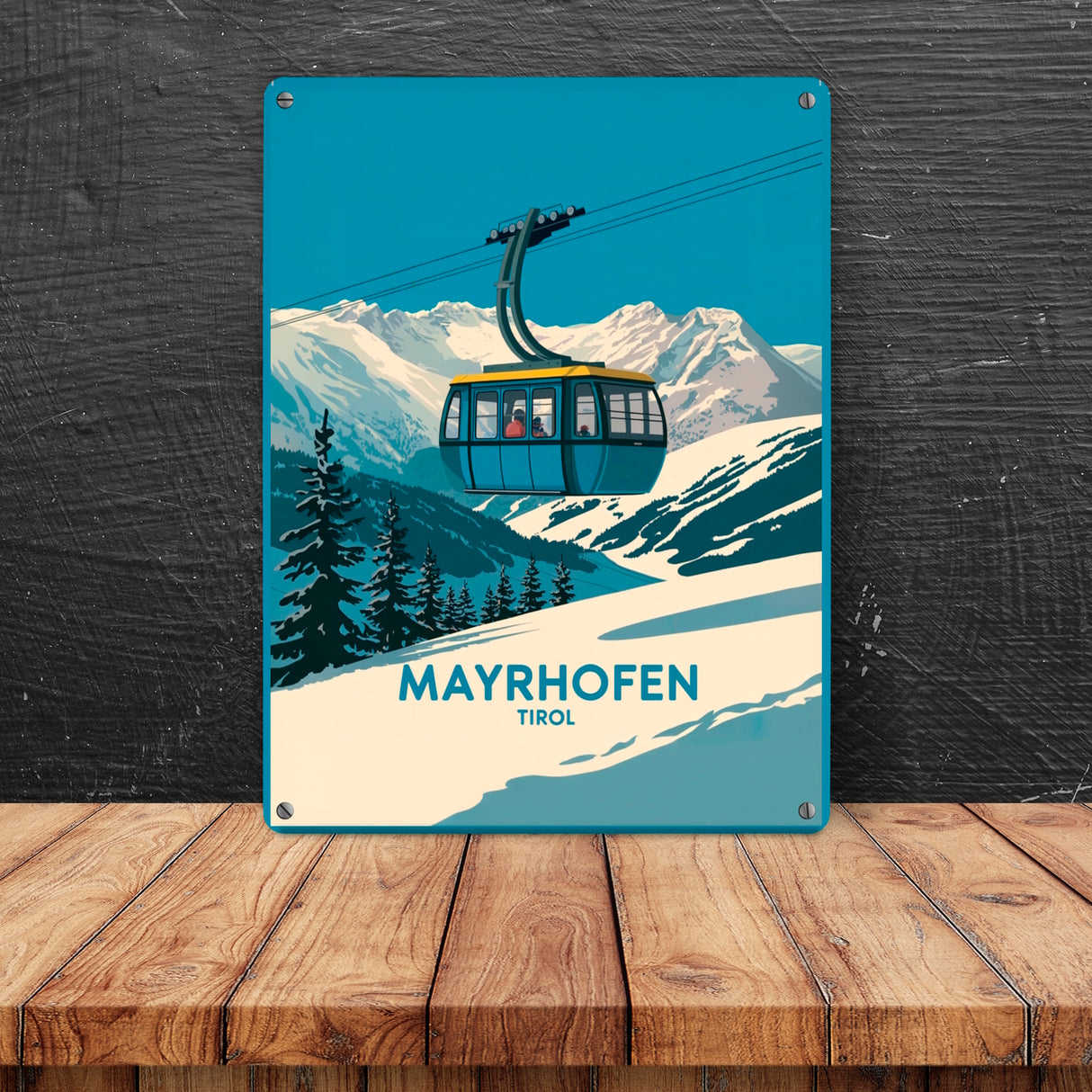 Mayrhofen Tirol Metallschild in 15x20 cm mit blau-gelber Seilbahn