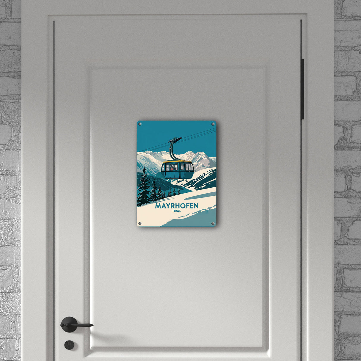 Mayrhofen Tirol Metallschild in 15x20 cm mit blau-gelber Seilbahn