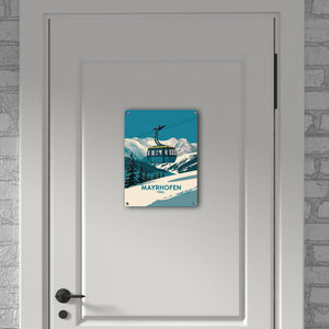 Mayrhofen Tirol Metallschild in 15x20 cm mit blau-gelber Seilbahn