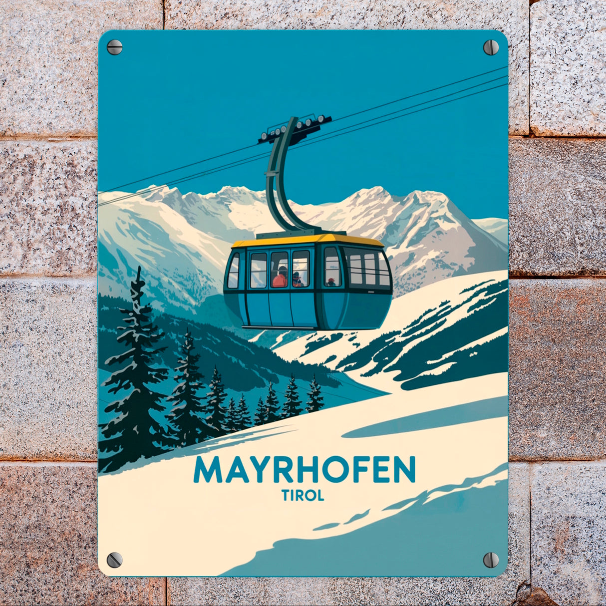 Mayrhofen Tirol Metallschild in 15x20 cm mit blau-gelber Seilbahn