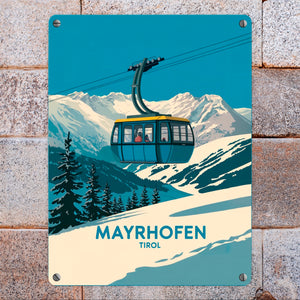 Mayrhofen Tirol Metallschild in 15x20 cm mit blau-gelber Seilbahn