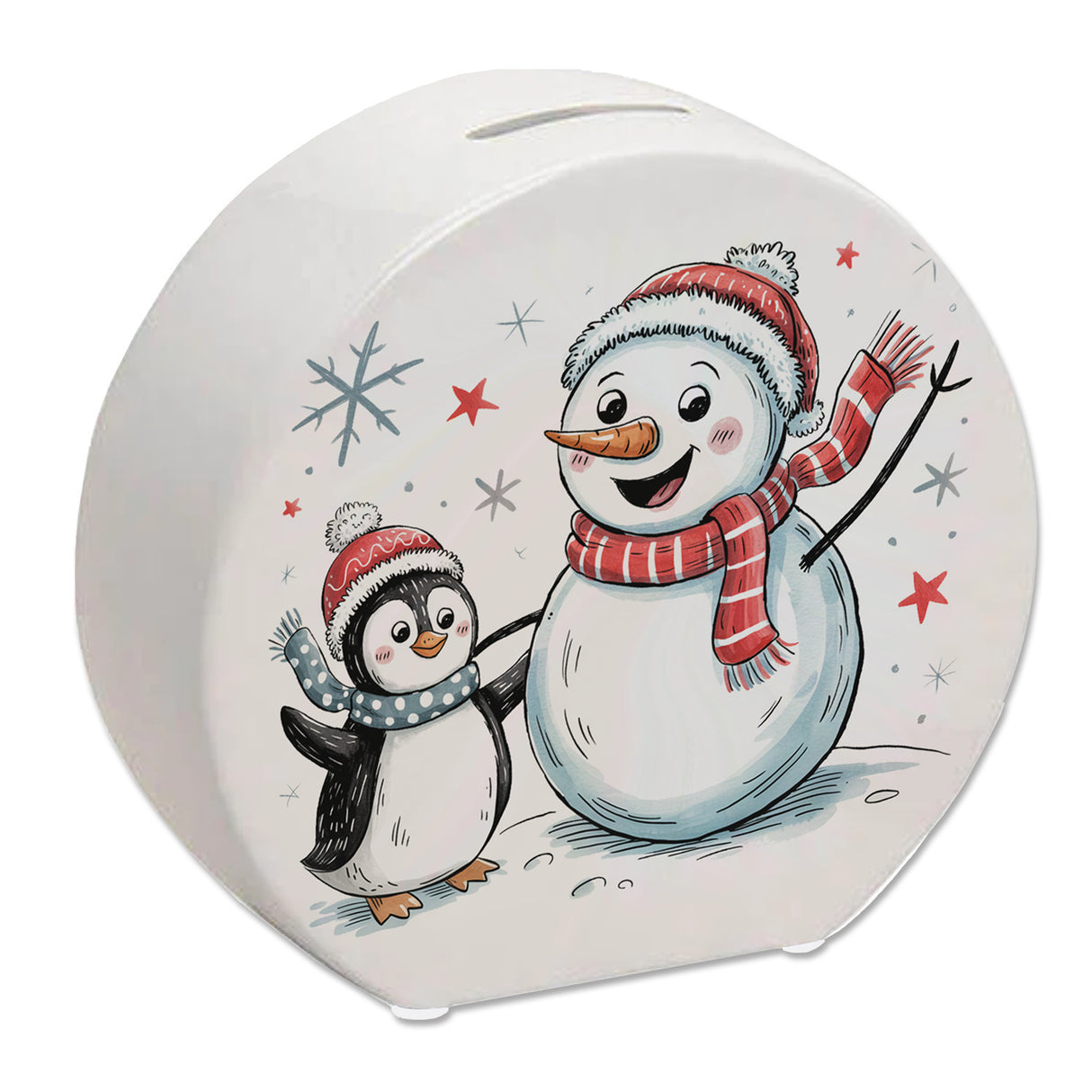 Schneemann und Pinguin mit Schneeflocken Spardose für Winterliebhaber