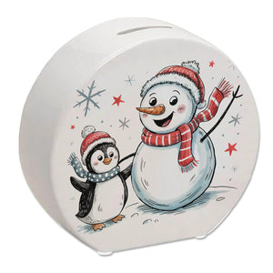 Schneemann und Pinguin mit Schneeflocken Spardose für Winterliebhaber