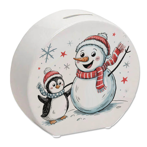 Schneemann und Pinguin mit Schneeflocken Spardose für Winterliebhaber