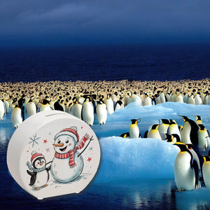 Schneemann und Pinguin mit Schneeflocken Spardose für Winterliebhaber
