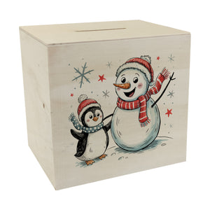 Schneemann und Pinguin mit Schneeflocken Spardose für Winterliebhaber