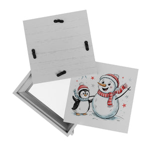 Schneemann und Pinguin mit Schneeflocken Spardose für Winterliebhaber