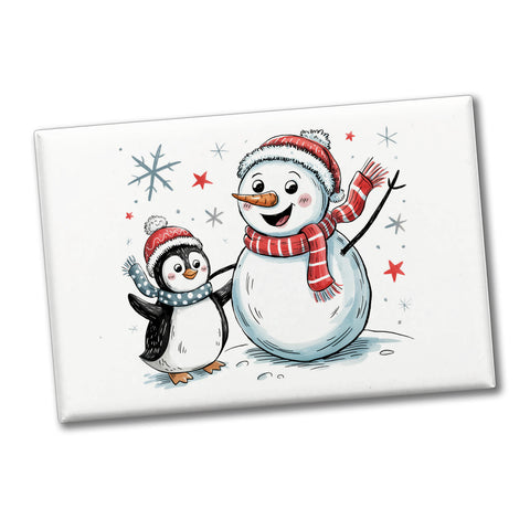 Schneemann und Pinguin mit Schneeflocken Souvenir Magnet für Winterliebhaber