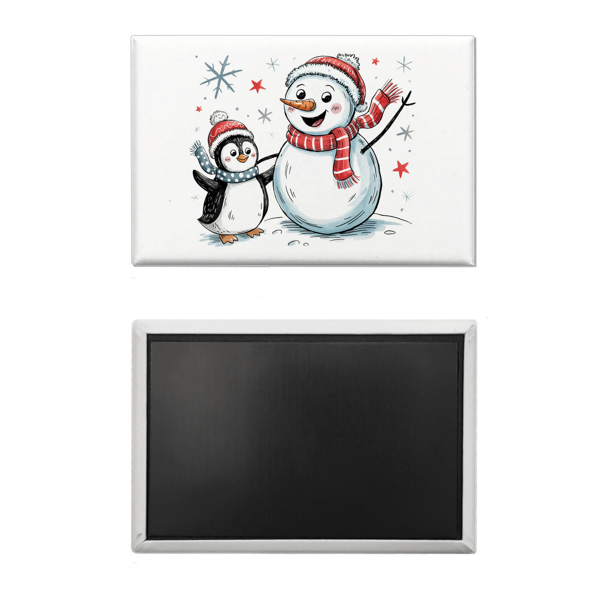Schneemann und Pinguin mit Schneeflocken Souvenir Magnet für Winterliebhaber
