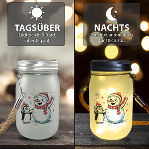 Schneemann und Pinguin mit Schneeflocken Solarlicht für Winterliebhaber