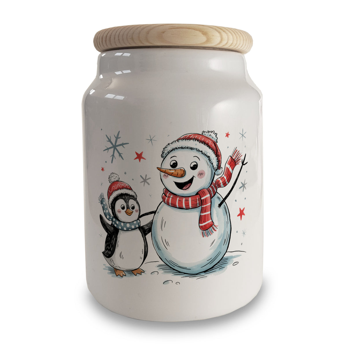 Schneemann und Pinguin mit Schneeflocken Keksdose n für Winterliebhaber