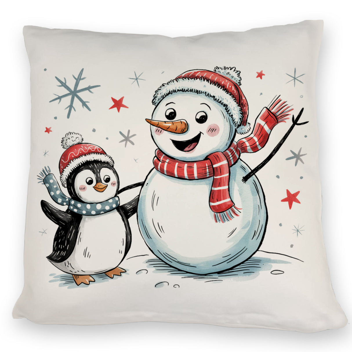Schneemann und Pinguin mit Schneeflocken Kissen für Winterliebhaber