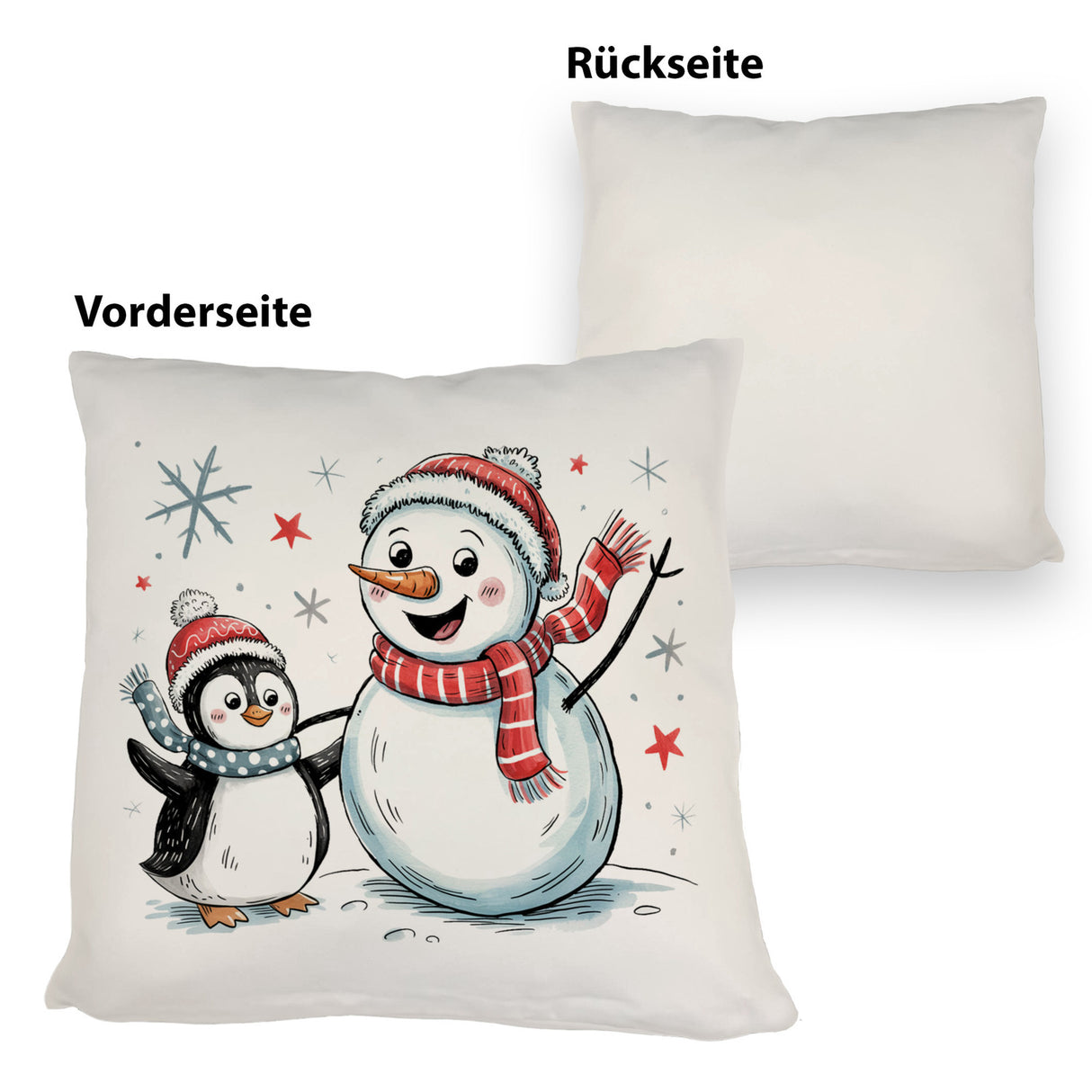Schneemann und Pinguin mit Schneeflocken Kissen für Winterliebhaber