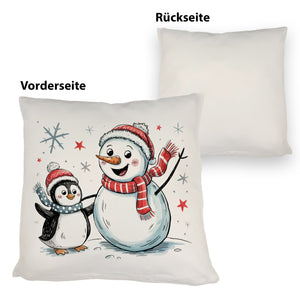Schneemann und Pinguin mit Schneeflocken Kissen für Winterliebhaber