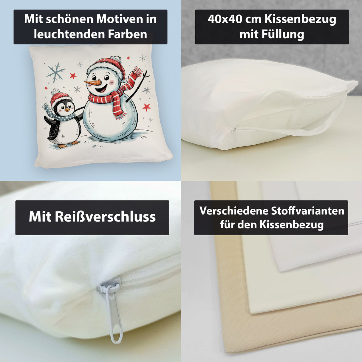 Schneemann und Pinguin mit Schneeflocken Kissen für Winterliebhaber