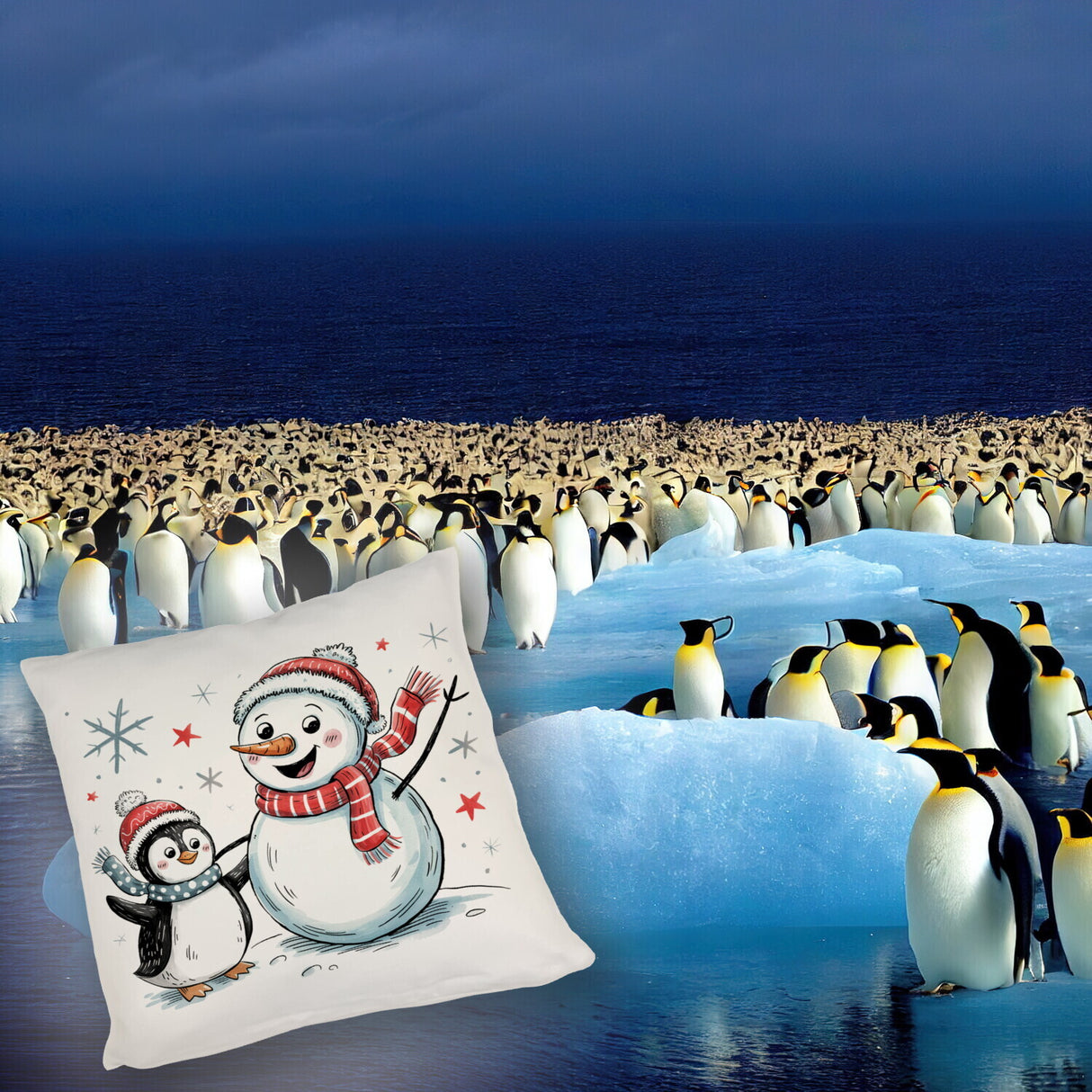 Schneemann und Pinguin mit Schneeflocken Kissen für Winterliebhaber
