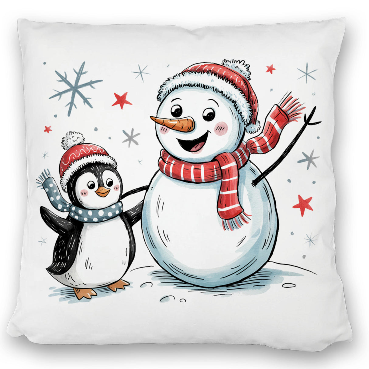 Schneemann und Pinguin mit Schneeflocken Kissen für Winterliebhaber