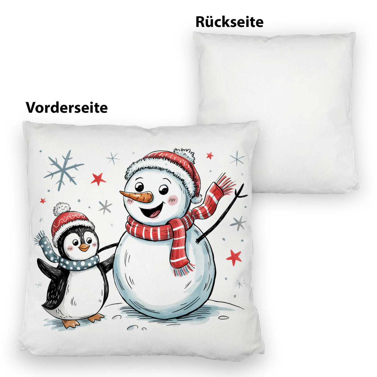 Schneemann und Pinguin mit Schneeflocken Kissen für Winterliebhaber