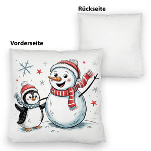 Schneemann und Pinguin mit Schneeflocken Kissen für Winterliebhaber