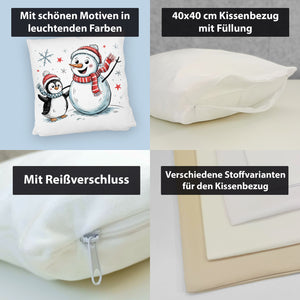 Schneemann und Pinguin mit Schneeflocken Kissen für Winterliebhaber