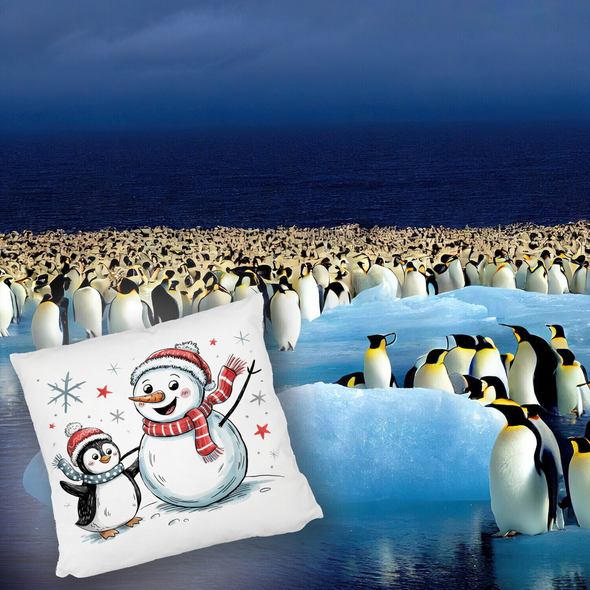 Schneemann und Pinguin mit Schneeflocken Kissen für Winterliebhaber