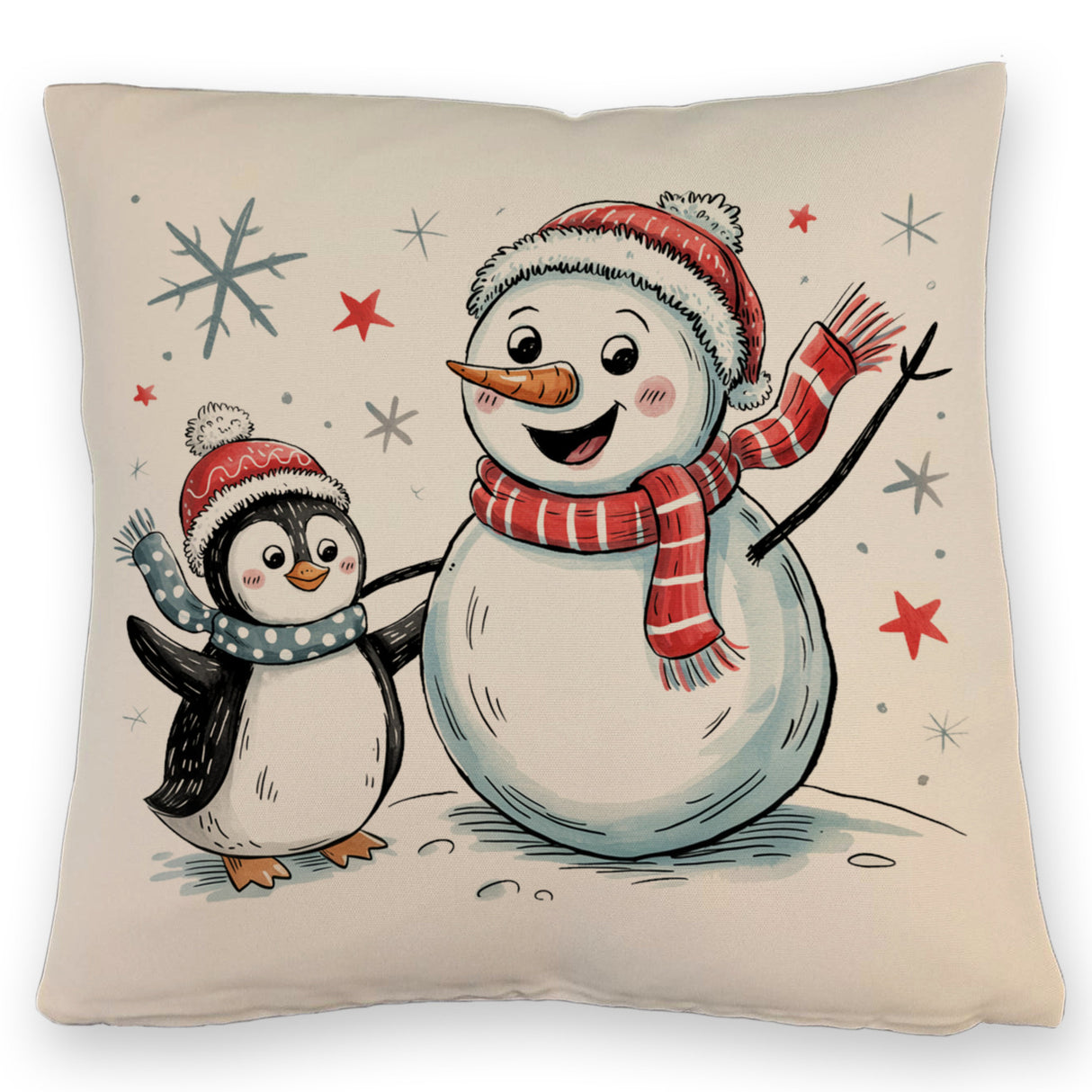 Schneemann und Pinguin mit Schneeflocken Kissen für Winterliebhaber