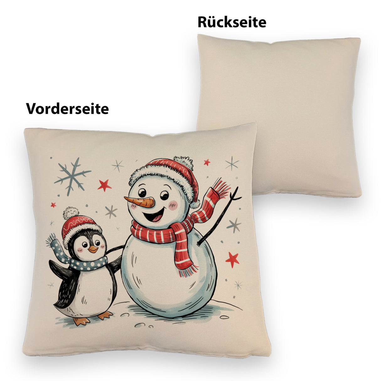 Schneemann und Pinguin mit Schneeflocken Kissen für Winterliebhaber