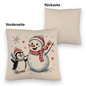 Schneemann und Pinguin mit Schneeflocken Kissen für Winterliebhaber
