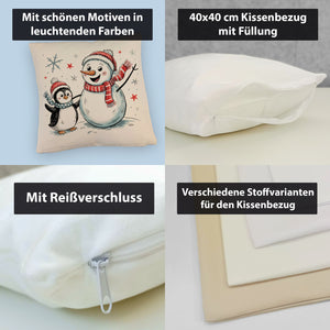 Schneemann und Pinguin mit Schneeflocken Kissen für Winterliebhaber
