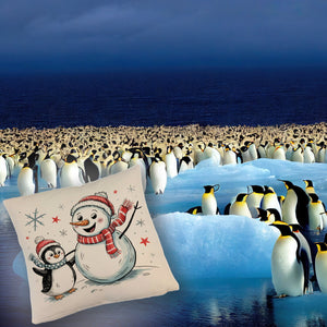 Schneemann und Pinguin mit Schneeflocken Kissen für Winterliebhaber